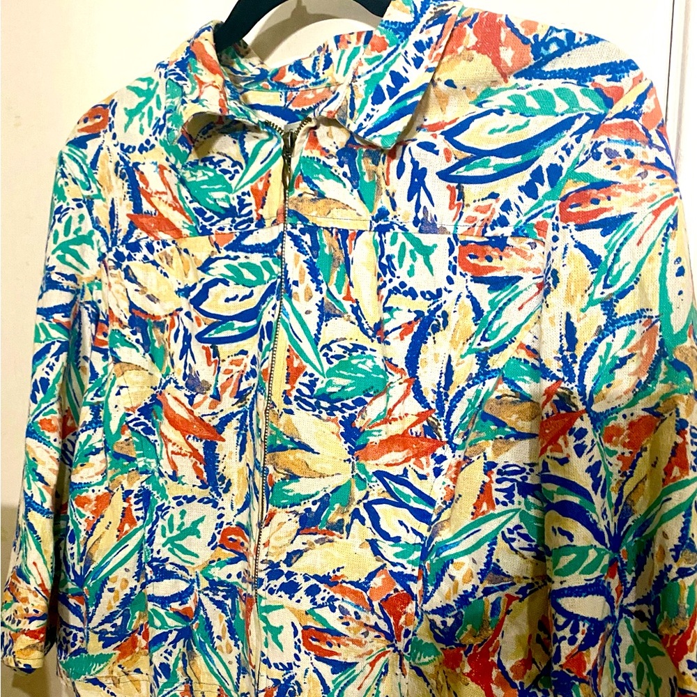 Coldwater Creek Womens Linen Jacket Petite Med Zip Colorful Tropical 3/4 Sleeve